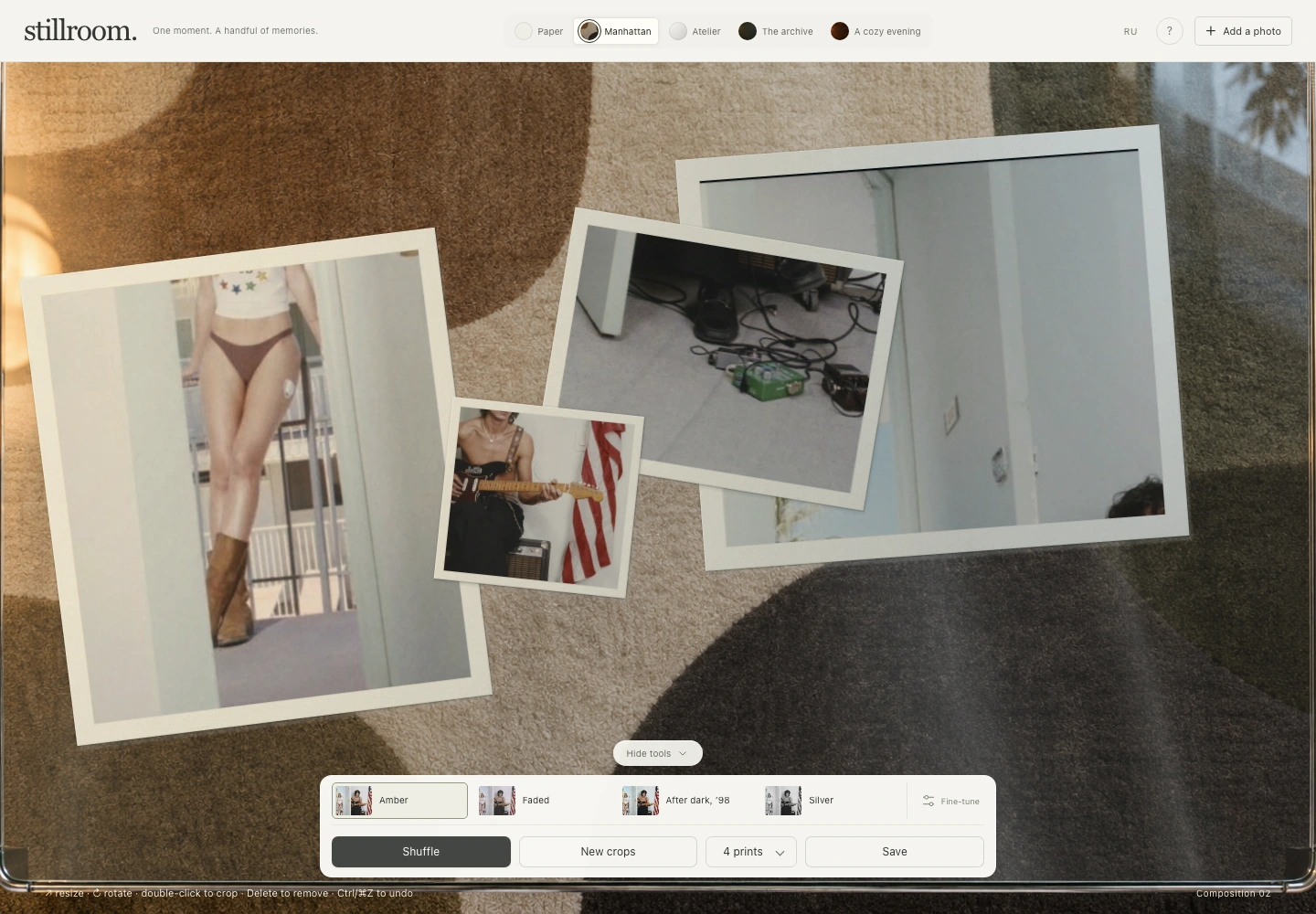 Stillroom with four photo prints arranged on a glass table, film presets and composition controls