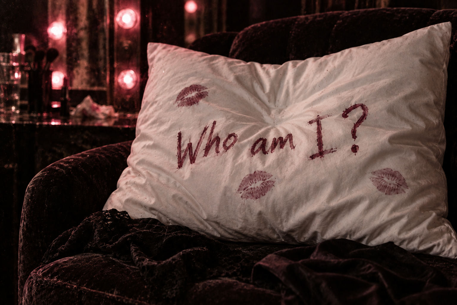 A white pillow with lipstick kisses and the handwritten question Who am I? in a dim rose-lit dressing room.