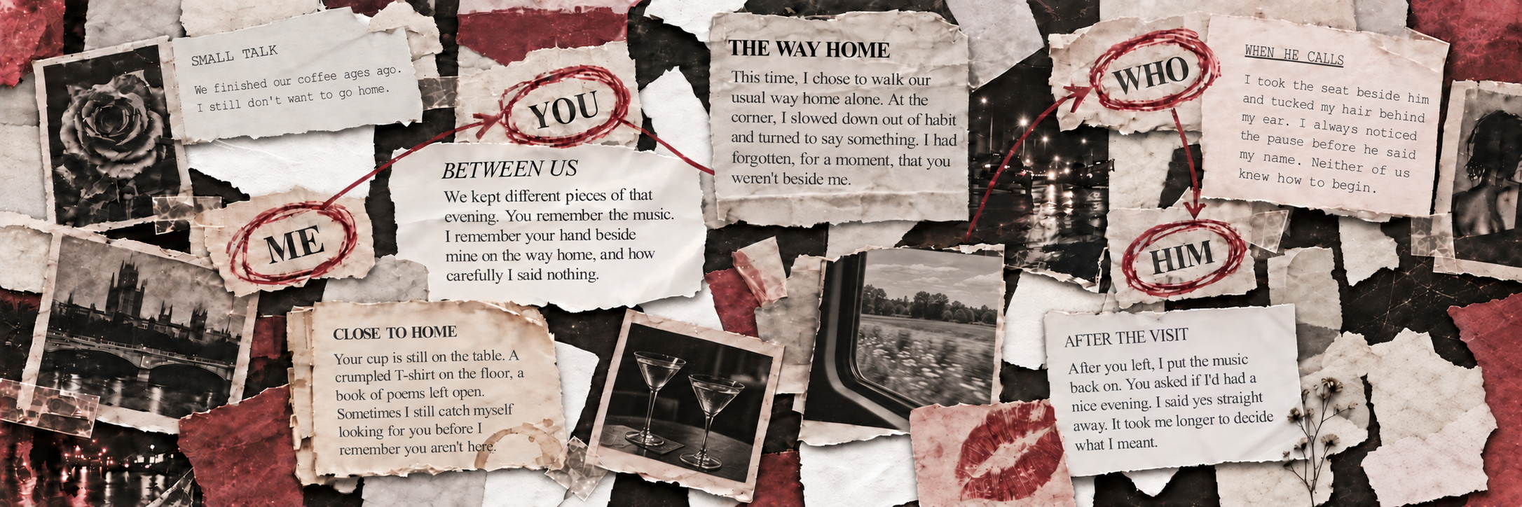 A layered collage of six English paper fragments, four red-circled words, London, a rose, two martini glasses and a field seen from a train.