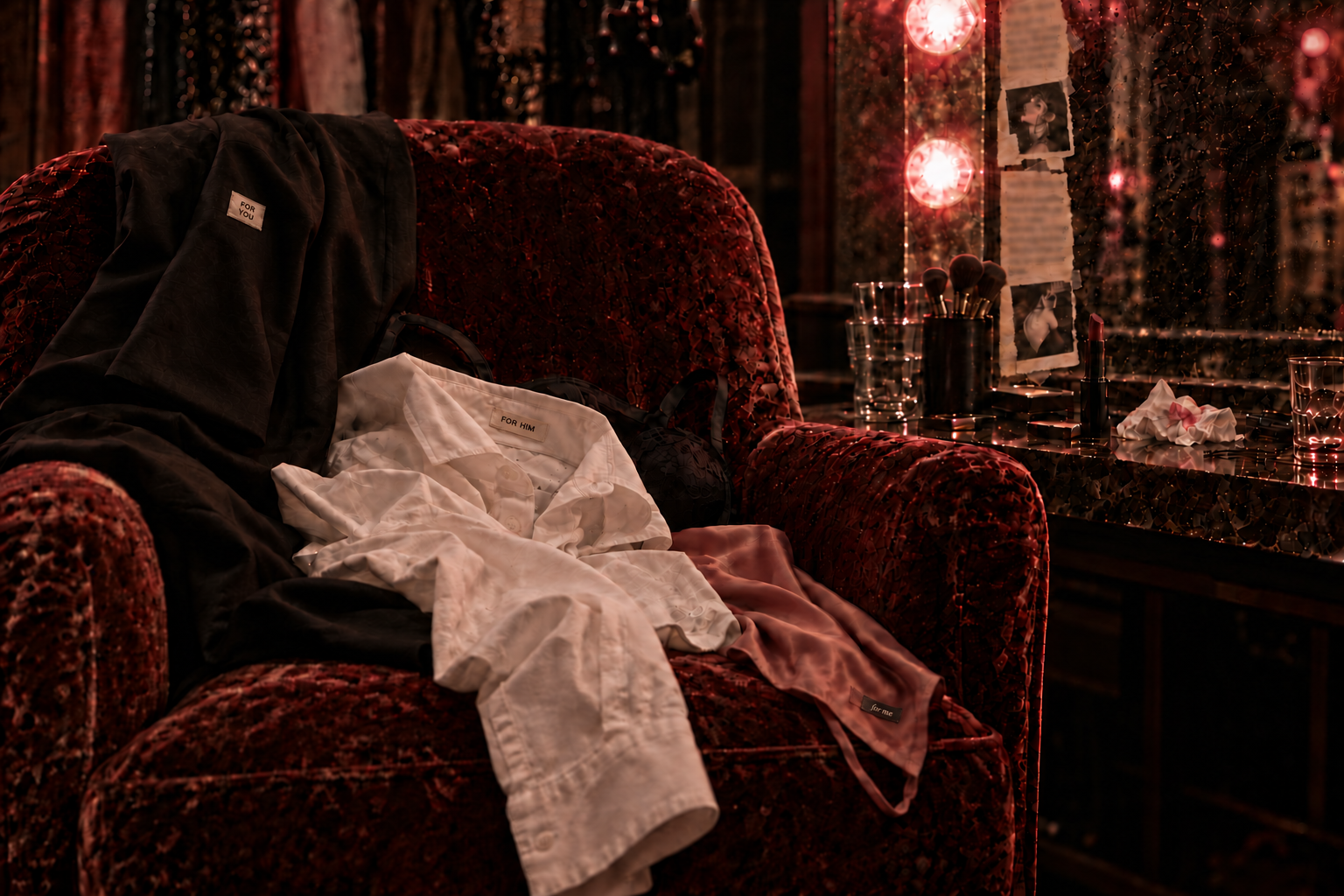 Clothes draped over a velvet chair, with three small labels reading FOR YOU, FOR HIM and for me. Two taped photographs appear on the adjacent vanity mirror.