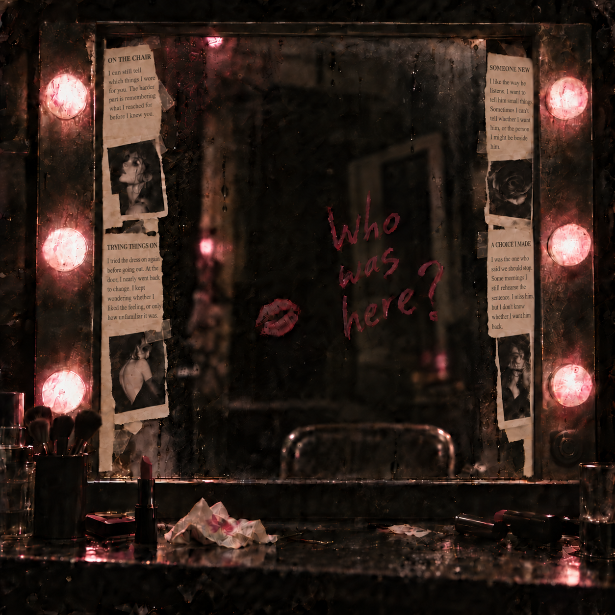 An empty rose-lit vanity mirror, taped photographs and four paper fragments around the lipstick question Who was here?